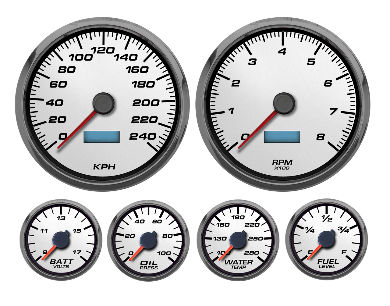 PERFORMANCEII WHITE 6 GA KIT 4-3/8 SPEEDO AND TACH 240 kph