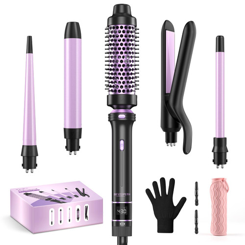 5 in 1 Curling Iron, Curling Wand Set with Thermal Brush, Flat Iron Hair Straightener, 3 Ceramic Irons (0.35"-1"), 13 Adjustable Temps, Hair Curler Waver with Heat Resistant Mat, Glove, Clip