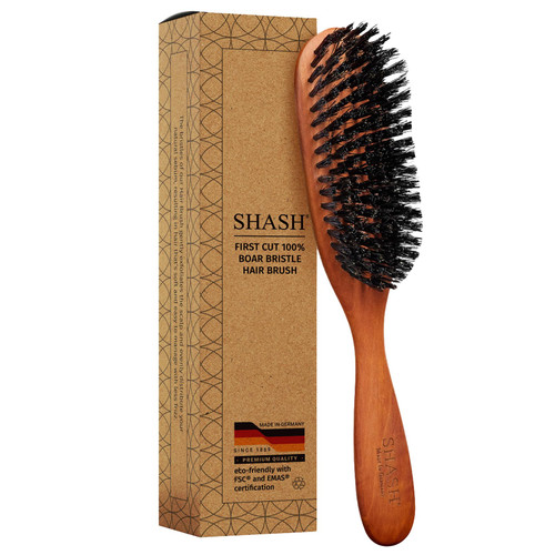 SHASH Classic German First Cut 100% Boar Bristle Hair Brush Since 1869 - Conditions Hair, Improves Texture, Exfoliates Scalp, Fine to Normal not for Coarse hair!