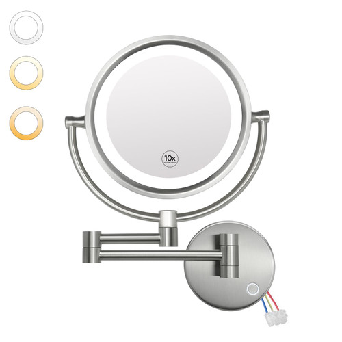 GURUN Hardwired LED Makeup Mirror Wall Mount Extendable Touch Brushed Nickel 10x