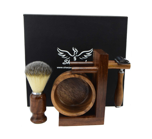 Safety Razor Shaving Kit, Double Edge Razor Blades,Hair shaving Brush wood Handle, Wood Shaving Bowl And Shaving Stand Kit, Wet Shave Grooming Set for Men Best shaving set Gift For Gentleman