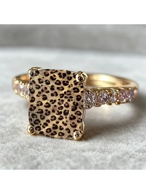 Leopard Print Square Statement Ring, Wild Pattern Design, Animal Theme, Side Embellishments, Bold Personalized Fashion Jewelry Ring