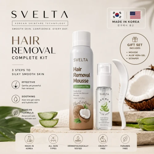 SVELTA Korean Bikini Hair Removal Cream Mousse, Fast-Acting Depilatory Foam for Sensitive Skin with Coconut Oil, Aloe Vera Gel & Scraper, Gentle K-Beauty Body Hair Remover for Women & Men, Legs, Arms & Underarms