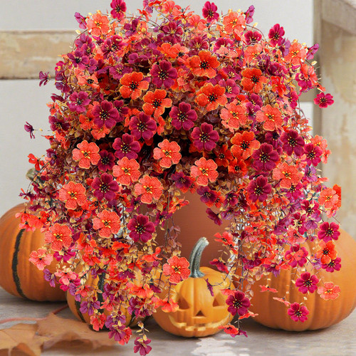 Outdoor Artificial Fall Flowers 6PCS, All Weather Fade Proof, UV Resistant Waterproof Realistic Faux Silk Mums Daisies Orange & Brown for Hanging Planters Porch Patio Balcony Deck Fence Garden Decor