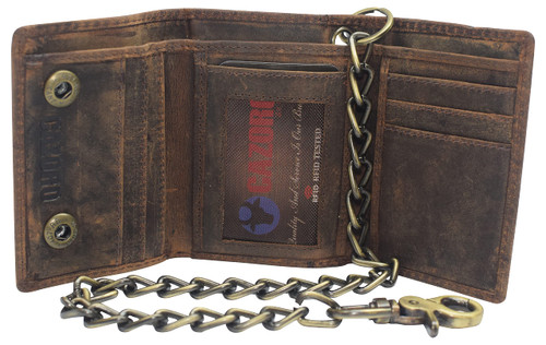 CAZORO Men's RFID Blocking Trifold Vintage Leather Biker Chain Wallet With Snap Closure