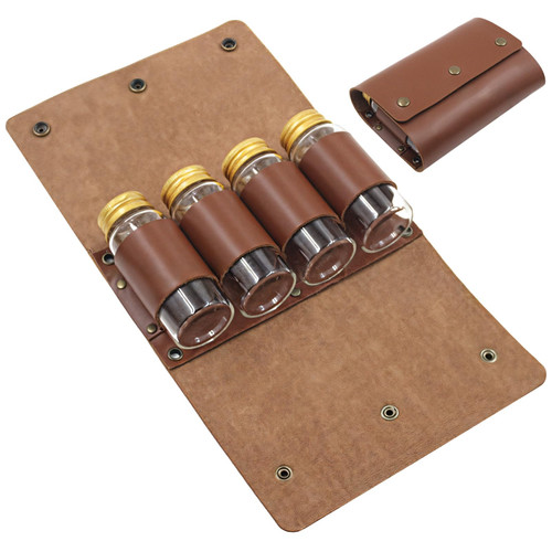 Camping Spice Kit, Outdoor PU Leather Spice Organizer Pouch - Multi-Compartment Seasoning Storage Bag with 4 Spice Bottles, Portable for BBQ, Hiking, and Picnics