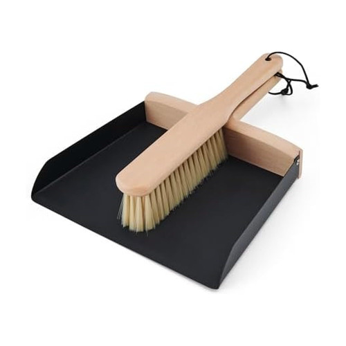 Copco Hand Brush and Dustpan Set - Wooden Beechwood Handle Broom and Dust Pan with Soft Bristles, Leather Loop Hanging Storage, Iron Dustpan, Kitchen and Home Cleaning Essentials