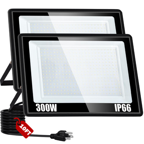 300W LED Flood Light, 36000LM Floodlight with Plug,IP66 Waterproof Outdoor Lights, 5000K Daylight White Security Lights,Outdoor Floodlight for Yard Stadium Garden（2 Pack）