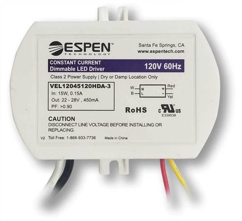 Espen LED Driver, VEL12045120HDA-3, TRIAC Dimming, Constant Current, Max. 12W, 450mA, 120V Input Operating Voltage Range 22-28V