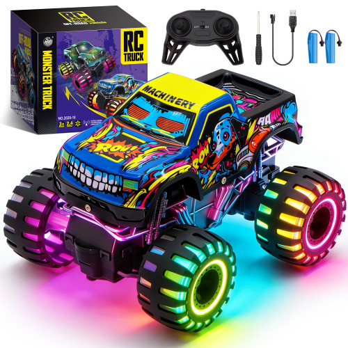 Remote Control Monster Truck Toys for Kids, 1:20 Scale 2.4GHz RC Car with Lights, All Terrain Rechargeable RC Truck with 2 Rechargeable Batteries, Toy Gift Birthday Christmas for Boys Girls Toddlers