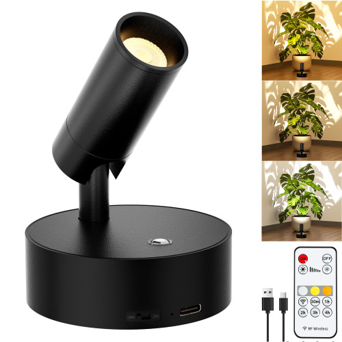 Rechargeable LED Spotlight Indoor: Wireless Battery Operated Spotlight with Remote Control Small Picture Spot Light Accent Uplighting for Plant Artwork Black