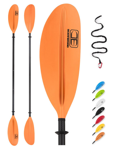 OCEANBROAD Adjustable Carbon Fiber Kayak Paddle 86in/220cm to 94in/240cm Kayaking Oar with Paddle Leash 1 Paddle, Orange