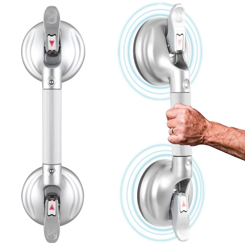 15-Inch Shower Handle - Upgraded Grab Bar with Strong Suction Cups for Bathtub & Shower Safety, Ideal for Seniors, Elderly, Disabled -Silver