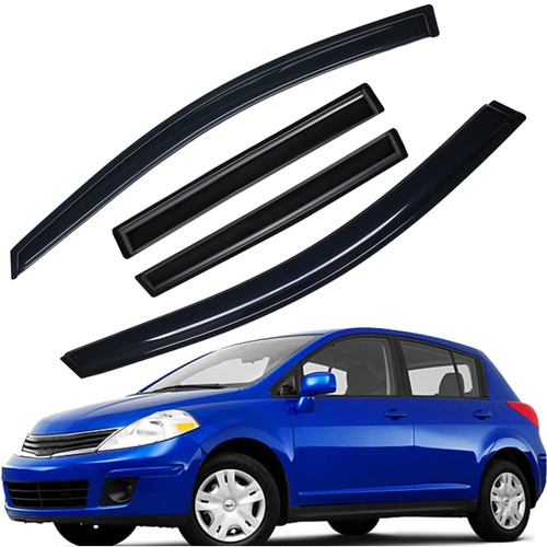 Lightronic Extra Durable Outside-Mount Auto Vent Window Visor, Fits 2007-2012 Nissan Versa Hatchback, 2007-2011 Nissan Versa Sedan, UV Protection Rain Guard, Original Wind Deflector, Smoke, 4-Pcs