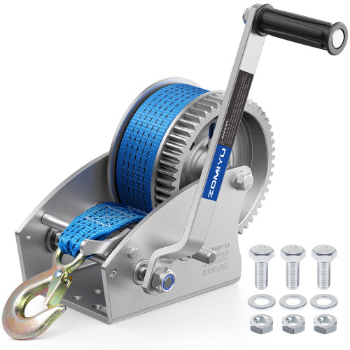 4000lb Boat Trailer Winch with Strap, Heavy Duty Hand Winch for Boat