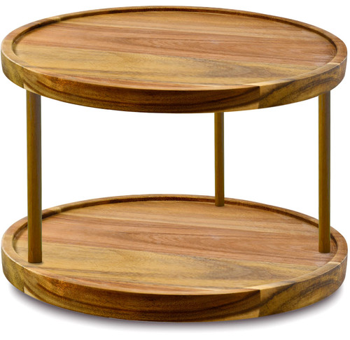 14" Two-Tier Acacia Wood Lazy Susan Organizer Kitchen Turntable for Cabinet Pantry Table Organization