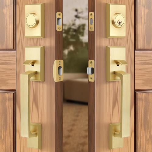 Brushed Gold Double Front Door Lock Set, Keyed Entry Front Door Handleset with Dummy, Square Heavy Duty Door Lever and Single Cylinder Deadbolt Combo, Satin Brass