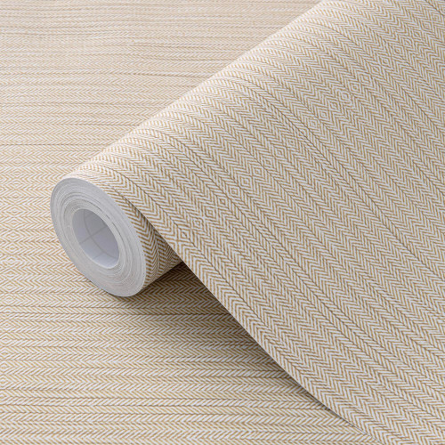 FUKU MON Beige Herringbone Peel and Stick Wallpaper, Modern Woven Look Geometric Self Adhesive Removable Wallpaper for Bedroom Living Room Cabinet, Matte Finish Waterproof Contact Paper, 15.75" x 394"