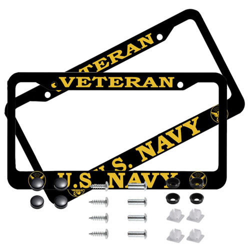 2 PCS for US Navy Veteran License Plate Frames,Matte Black Aluminum License Plate Holder for USN License Plate Protection with Screw Set