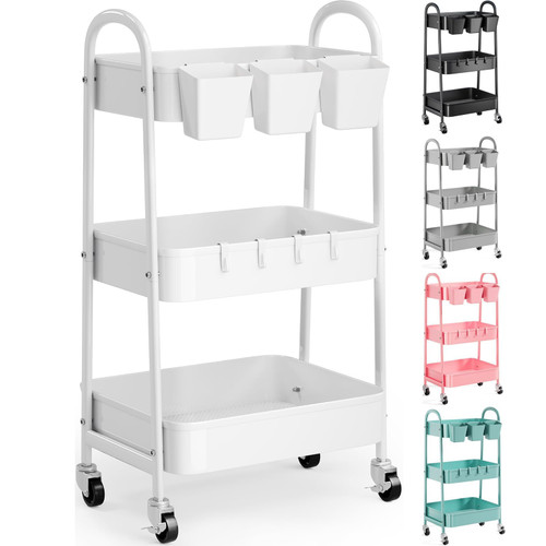 3 Tier Heavy Duty White Metal Rolling Cart with Lockable Wheels, Baby Carts