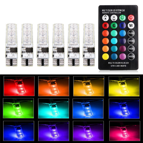 6 pack 194 T10 LED Light Bulb W5W 168 RGB with Remote Control Atmosphere Lights for Car Interior Map Dome Door License Plate Light