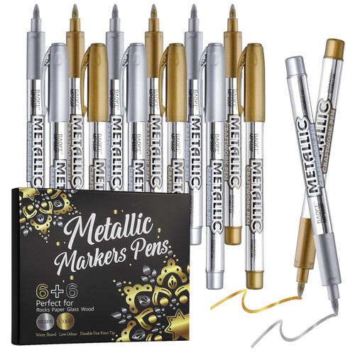 Prudiut 12 Pack Metallic Markers, Gold & Silver Paint Pens, Fine Tip