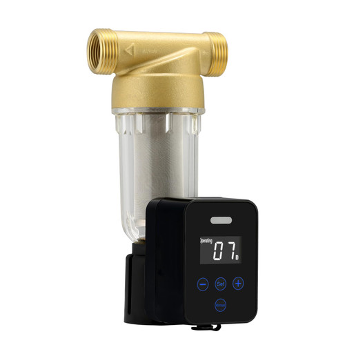 Spin Down Sediment Water Filter: 50/100 Micron Precision, Plug - in with Touch - Screen Auto Flushing, Brass Top Clear Housing & Reusable, Plug-in Use Only