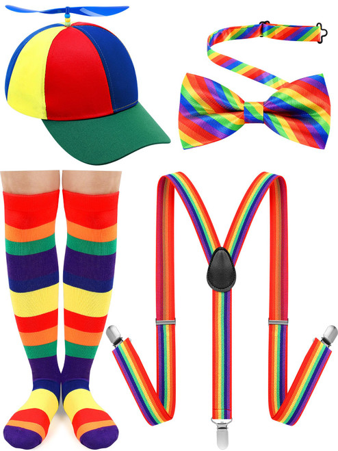 Jiuguva 4 Pcs Propeller Hat Rainbow Clown Hat Y Back Style Suspenders Bow Tie Striped Socks Set for Adult