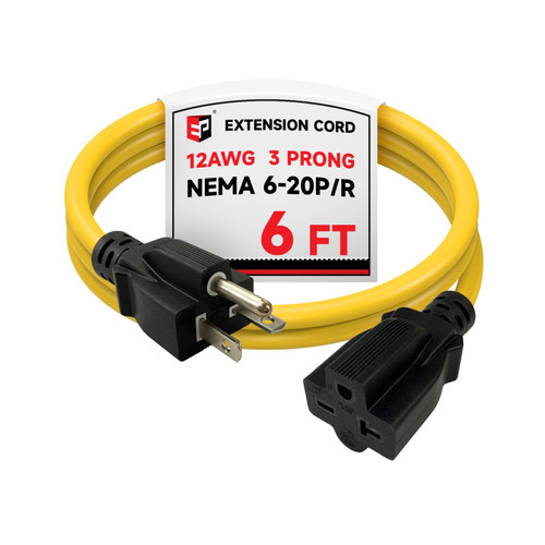 EP 6 Ft 12/3 SJTW Outdoor Extension Cord NEMA 6-20 P/R 20A 250V, Yellow
