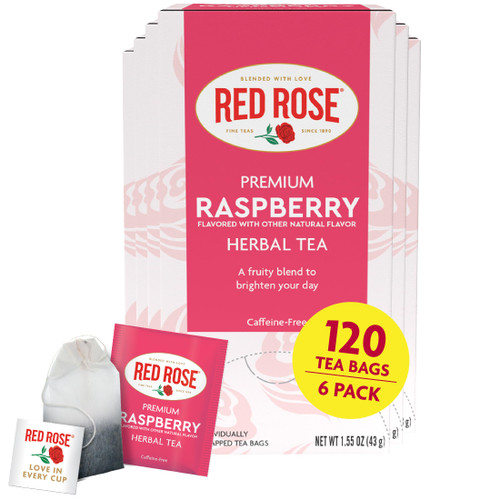Red Rose Raspberry Herbal Tea Refreshing & Fruity Brewed Naturally Flavored Tea with 20 Individually Wrapped Tea Bags Per Box (Pack of 6) Caffeine Free Brew Hot