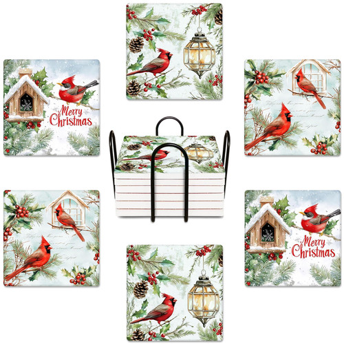 Bribay Christmas Coasters for Drinks, Set of 6, Ceramic Stone Cardinals
