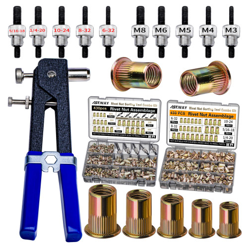 ASKWAY Rivet Nut Tool Set SAE & Metric 860 PCS SAE Pressure Rivet Nut Kit