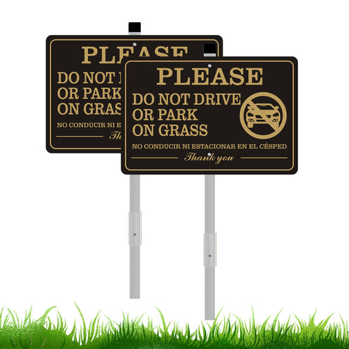 2 Pack Do Not Drive or Park on Grass Sign with 28" Stake, 12"x8" Metal No Parking on Lawn Yard Sign, Bilingual English Spanish Keep Vehicles Off Grass Sign for Yard and Driveway