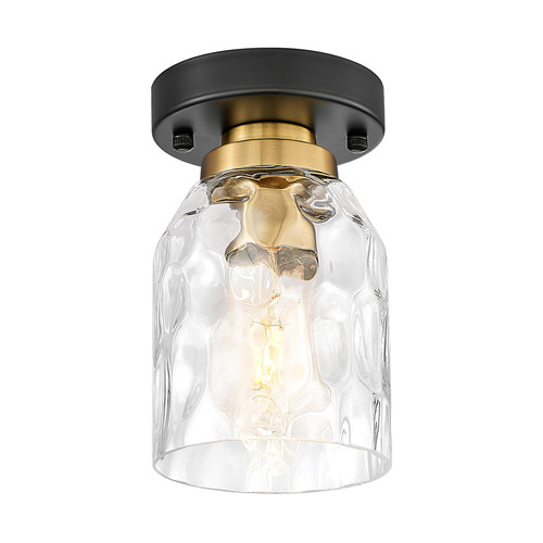 zeyu Industrial Semi Flush Mount Ceiling Light, Round Hallway Lighting Fixtures Ceiling for Kitchen Entryway, Water Ripple Glass Shade, Black and Gold Finish, ZG33F BK+BG-WG
