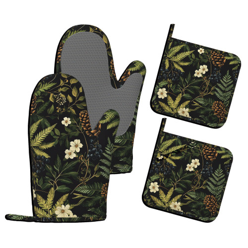 Green Herb Leaf Pot Holders and Oven Mitts,Vintage Floral Oven Mitts Heat Resistant Cotton Lining Anti-Slip Silicone Kitchen Mitts Set Hot Pads for Microwaves Cooking Baking Grilling