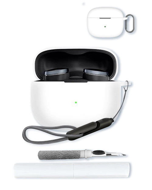 Case for Bowers & Wilkins Pi8 Wireless Earbuds,Soft Protective,Shockproof, BOVUGAC Silicone Case Cover with Keychain & Cleaning Kit & Lanyard-White
