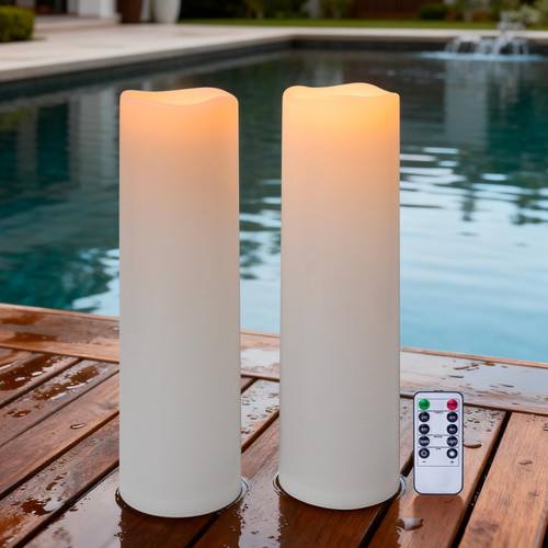 Lumeavetra 4" x 14" Large Waterproof Outdoor Flameless Candles Battery Operated LED Pillar Candles for Indoor Outdoor Lanterns, White, Long Lasting, Set of 2