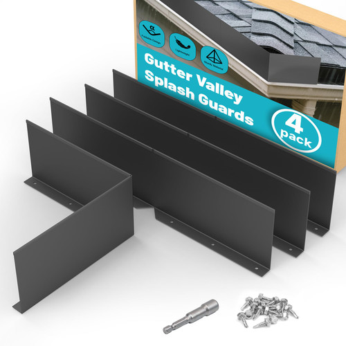 Chiligent 4 Pcs Gutter Valley Splash Guards, Aluminum Roofing Gutter Guard with Screws, Foldable Roof Rain Diverter for House Shingle Roofs Corner, Valley, or Straight, Black