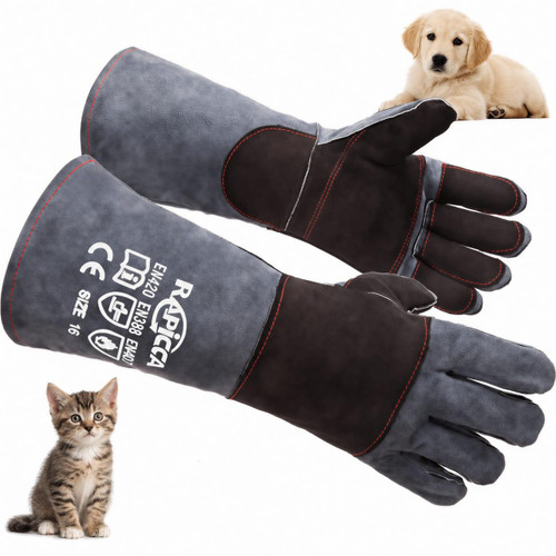 RAPICCA Animal Handling Gloves, Bite Proof Double Leather, 16 in Grey-Black