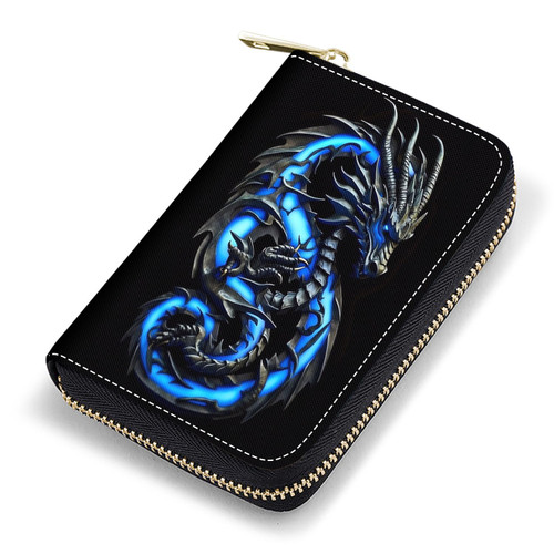 FQTBCEARI Credit Card Holder, RFID Blocking Small Leather Card Wallet for Women, Credit Card Wallet Organizer, Pocket Business Card Case with Zipper, Blue Glowing Dragon
