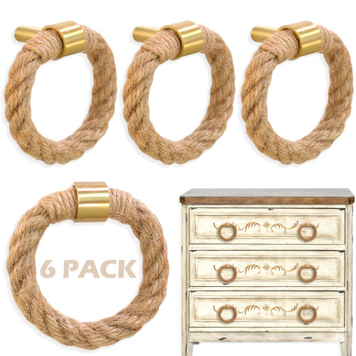 QNNEFF 6PCS Nautical Twisted Jute Rope Drawer Pulls Brushed Brass Dresser Knobs Rustic Hemp Rope Drawer Pulls Antique Handles Cabinet Hardware Cupboard Wardrobe Door Furniture Knobs