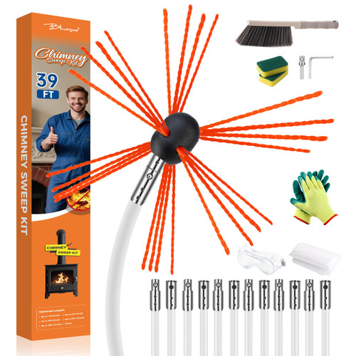 Bluesea 39FT Ergonomic Chimney Sweep Kit, Strong Brush & 12 Flexible Rods