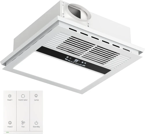 "4-In-1 Bathroom Exhaust Fan with Heater, 1100W/2200W Dual Heating | 220 CFM Vent Color: White-2200W"