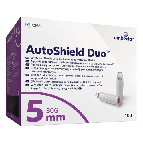 Embecta AutoShield Duo 30G x 5mm Safety Pen Attachments | Dual Automatic Protective Shields | Compatible with Most Pen Injectors | Thin Wall Technology for Smooth Experience | Model: 329535 | 100 Pack