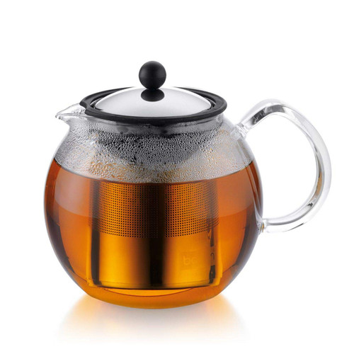 BODUM Assam Tea Press, 1.5L / 12 Cup Glass Teapot Chrome with Reusable Infuser and Plunger, Stainless Steel, Dishwasher Safe