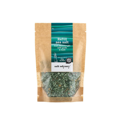 Salt Odyssey Greek Sea Salt with Garlic & Basil in a Resealable Kraft Pouch – Refill Blend for Salt Mills & Grinders|100% Natural Mediterranean Blend, 180g (Pack of 2)