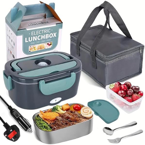 Electric Lunch Box 1.5L, Upgraded 60W Heated Lunch Boxes for Adults, 12V/24V for Car & 110V/240V for Home Food Warmer Lunch Box With Carry Bag Fork Spoon, Leak-Proof, Perfect for Car/Truck/Office