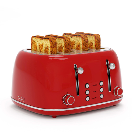 Toaster 4 Slice, Retro Stainless with 6 Bread Shade Settings,1.5''Wide Slots Toaster with Cancel/Defrost/Reheat,Dual Independent Control Panel(Red)