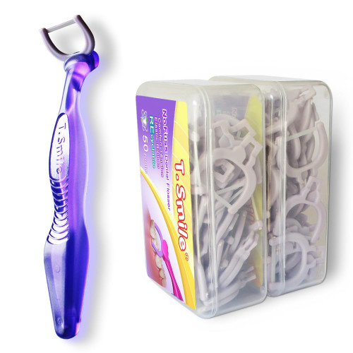 T.Smile Seniors NoFuss Dental Flosser Kit, 5-inch Long Handle & Refill Heads, Soft Flex Floss Gentle on Sensitive Gums, Fluoride Free, (Purple Handle + 100 Soft Flex Floss Refills)