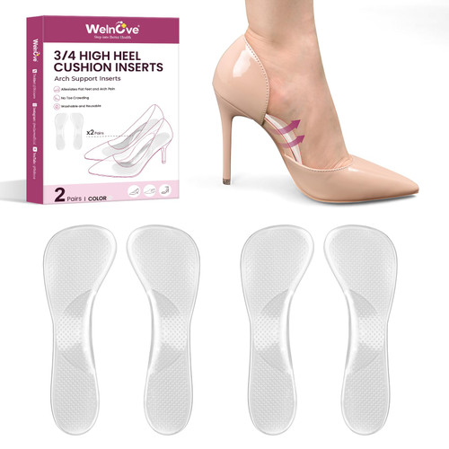 Arch Support Gel High Heels Insole Women - Welnove 3/4 Invisible Soft Cushions Pain Fatigue Relief, 2-Pair High Heel Sandal Inserts Flat Feet, Plantar Fasciitis, Residue-Free Adhesive, Fit Most Shoes